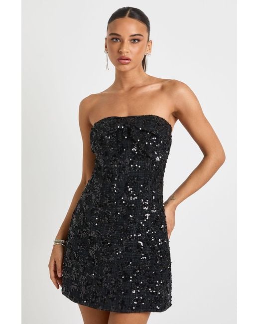 Boohoo Black Bow Detail Boucle Sequin Shift Mini Dress