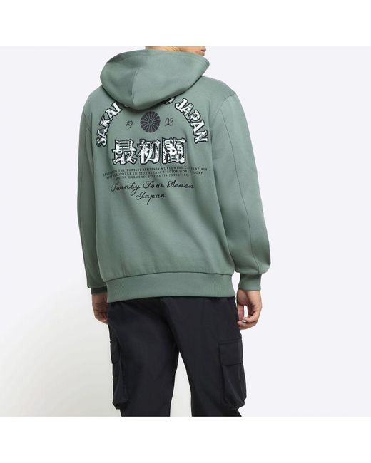 River Island Green Hoodie Regular Fit Graphic Print Cotton for men