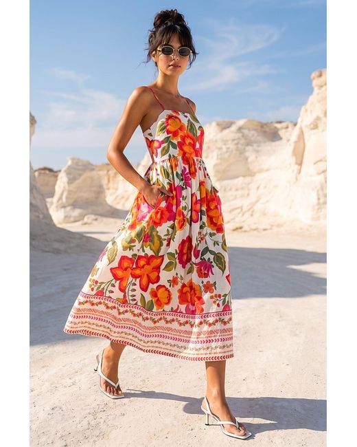 D.u.s.k Orange Cotton Floral Border Midi Dress