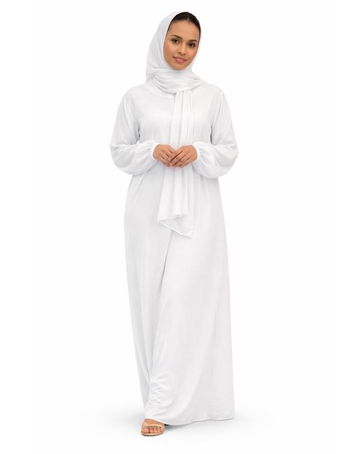 VR2 Denim White Ladies Abaya With Scarf Attached Comfortable Modest Dress