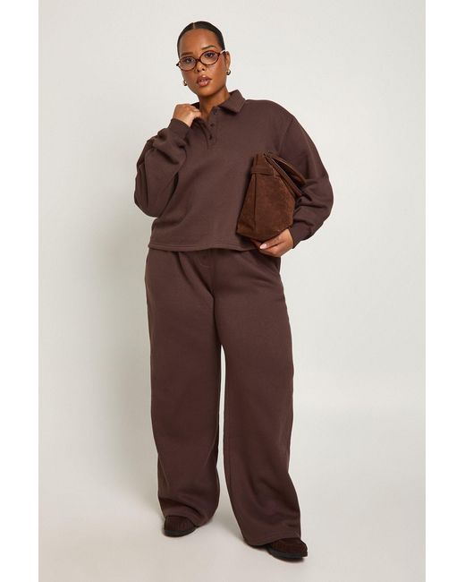 Boohoo Brown Plus Button Down Wide Leg Joggers
