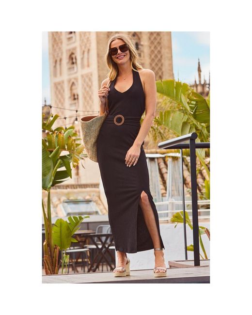 Sosandar Black Halter Neck Belted Maxi Jersey Dress