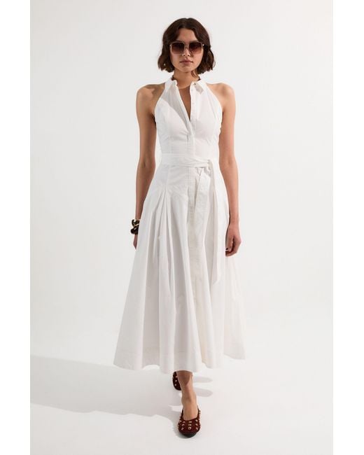 Karen Millen White Cotton Collared Halter Neck Woven Midi Shirt Dress With Dropped Waist Detail