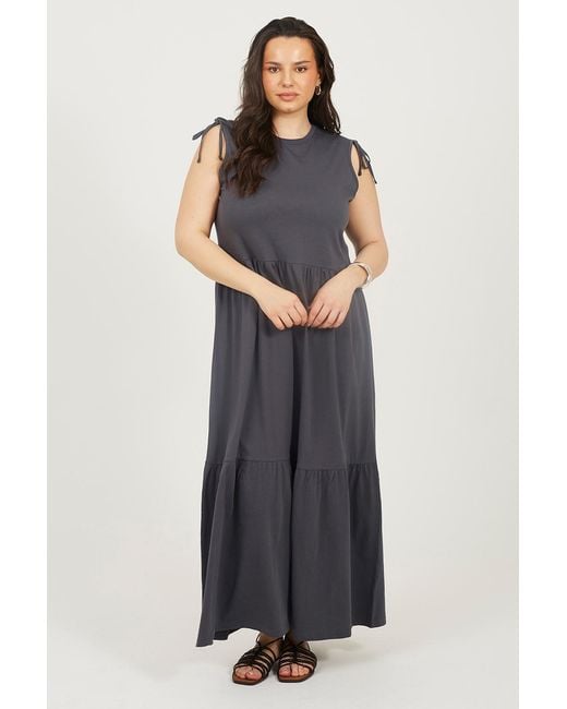 Brave Soul Blue Curve Cotton Ruched Shoulder Tiered Maxi Dress