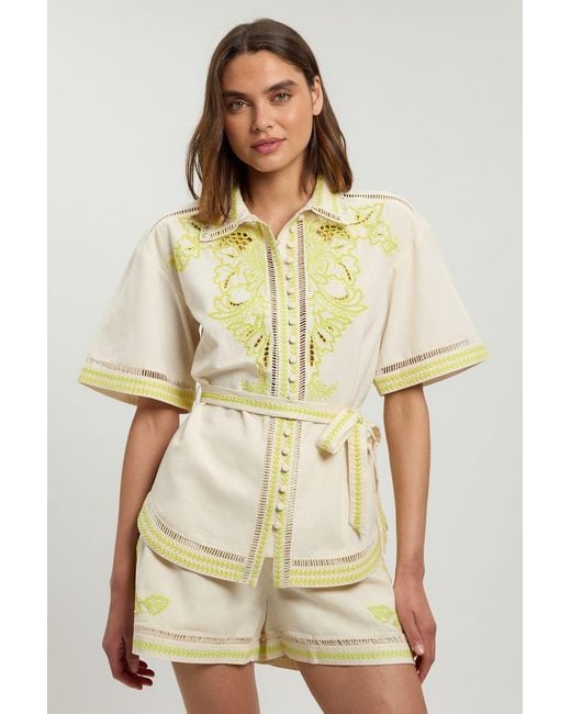 Karen Millen Natural Linen Blend Beaded Embroidery Short Co Ord