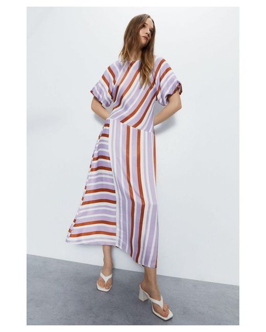 Warehouse White Satin Puff Sleeve Stripe Midi Dress Viscose