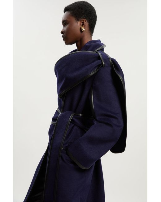 Karen Millen Blue Brushed Wool Pu Mix Scarf Neck Belted Tailored Maxi Coat