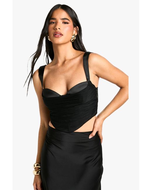 Boohoo Black Satin Mesh Strappy Crop Corset