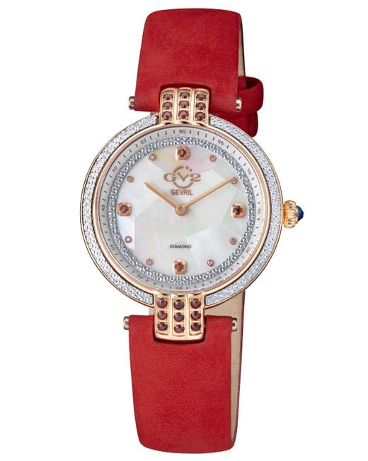Gv2 Red Matera Swiss Quartz Mother Of Pearl Dial Suede Strap Diamond Watch