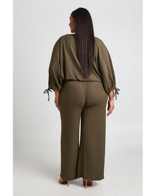 Boohoo Green Plus Textured Ruched Sleeve Balloon Hem Top & Wide Leg Trouser