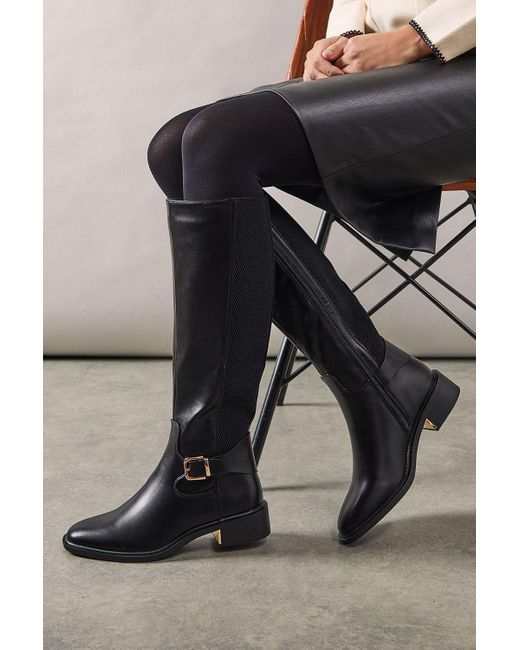 Wallis Black Holly Buckle Detail Elastic Back Knee High Riding Boots