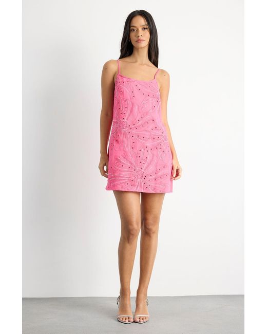 Warehouse Pink Beaded Embroidered Slip Mini Dress