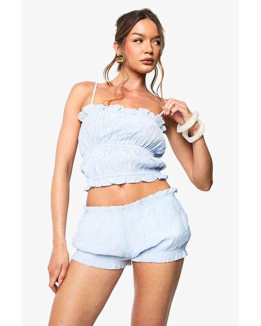 Boohoo White Textured Stripe Ruffle Shorts