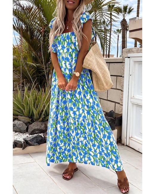 Azura Exchange Bloemen Tiered Maxi-jurk in het Blue
