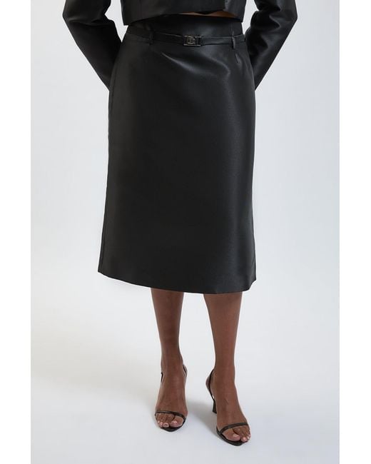 Karen Millen Black Plus Size Forever Satin Twill Belted Tailored Midi Skirt