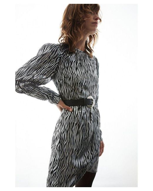 Warehouse Gray Sparkle Animal Jacquard Wrap Mini Dress