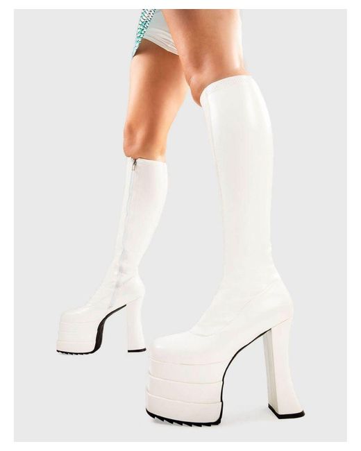 Lamoda White Knee High Boots Unfaithfulpromises Round Toe Platform Heel With Zip