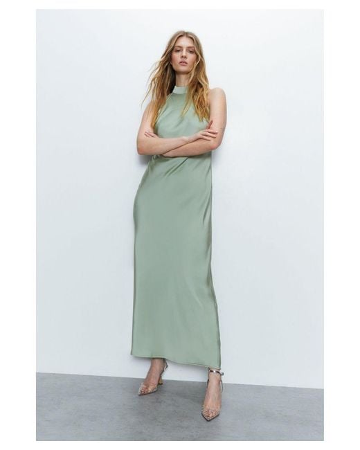 Warehouse Green Satin Halter Neck Backless Maxi Slip Dress