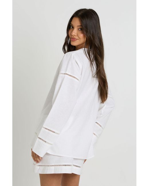 Boohoo White Linen Ladder Insert Tie Front Shirt And Mini Skirt Co-Ord