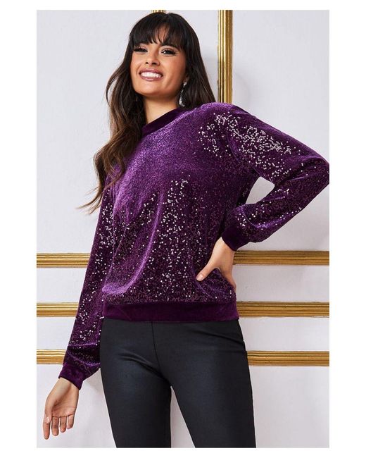Goddiva Sequin Velvet Jumper in Purple | Lyst UK