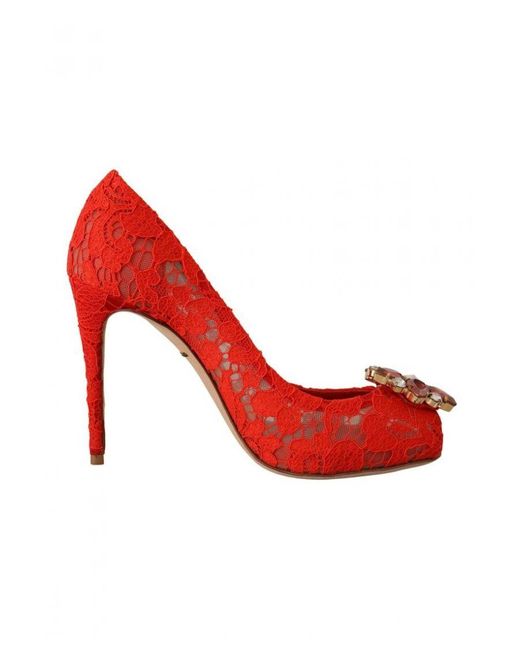 Dolce & Gabbana Red Taormina Lace Crystal Heels Pumps Cotton