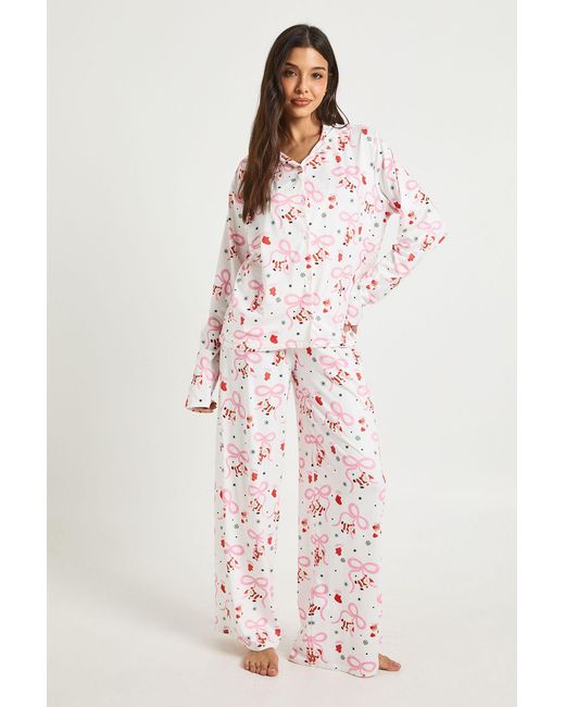 Boohoo Pink Santa Bow Print Long Sleeve Top & Trousers Pyjama Set