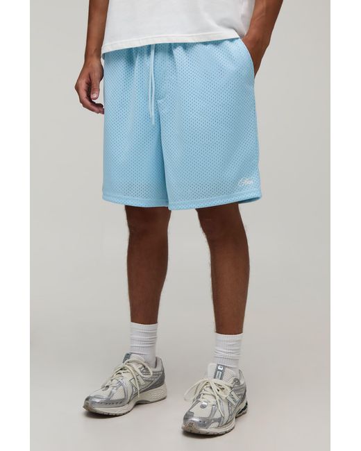 BoohooMAN Blue Baggy Fit Script Mesh Jersey Short for men