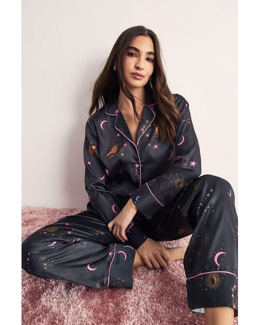 Nasty Gal Black Satin Celestial 6Pc Pajama Set
