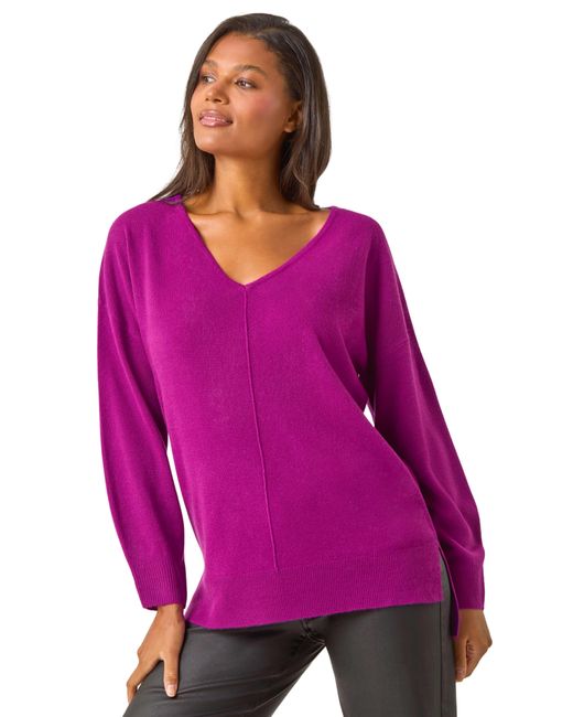 Roman Purple Soft V-Neck Side Split Knit Sweater