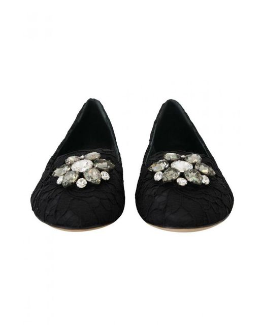 Dolce & Gabbana Black Taormina Lace Crystals Flats Shoes Viscose