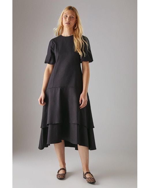 Warehouse Black Twill Puff Sleeve Ruffle Hem Midi Dress
