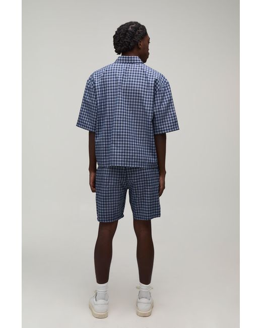 BoohooMAN Blue Embroidered Micro Check Boxy Oversized Shirt & Short Set for men