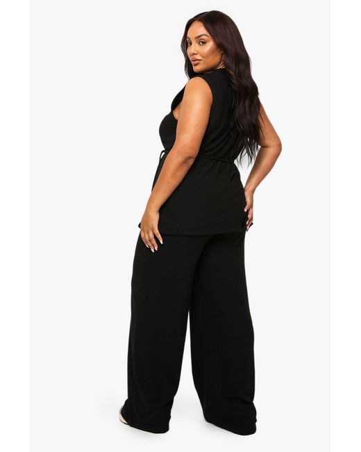 Boohoo Black Plus Brushed Tunic Tie Belt Top And Wide Leg Trouser