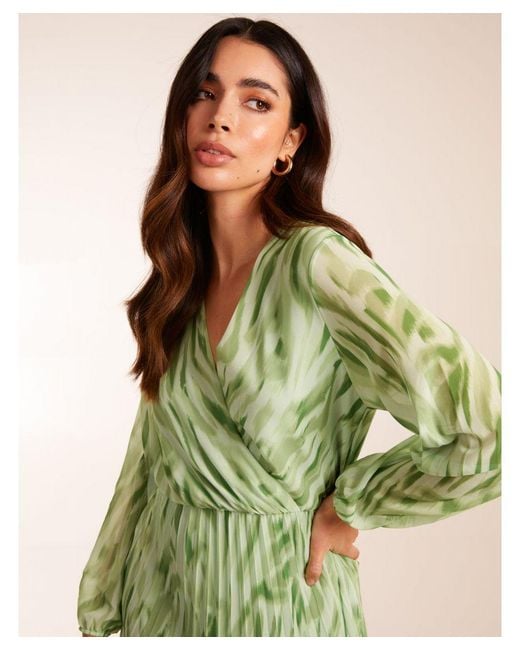 Blue Vanilla Green Abstract Wrap Pleated Midi Dress