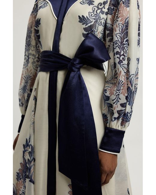 Karen Millen Blue Scarf Print Organdie And Satin Mix Maxi Dress
