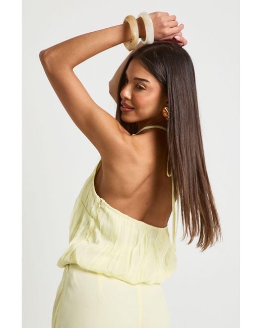 Boohoo Yellow Shirred Chiffon Halterneck Top