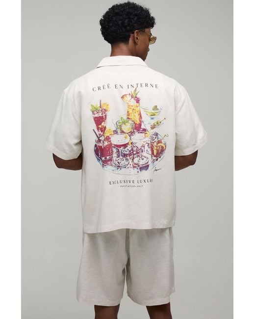 BoohooMAN Gray Printed Linen Look Regular Fit Shirt & Short Set for men