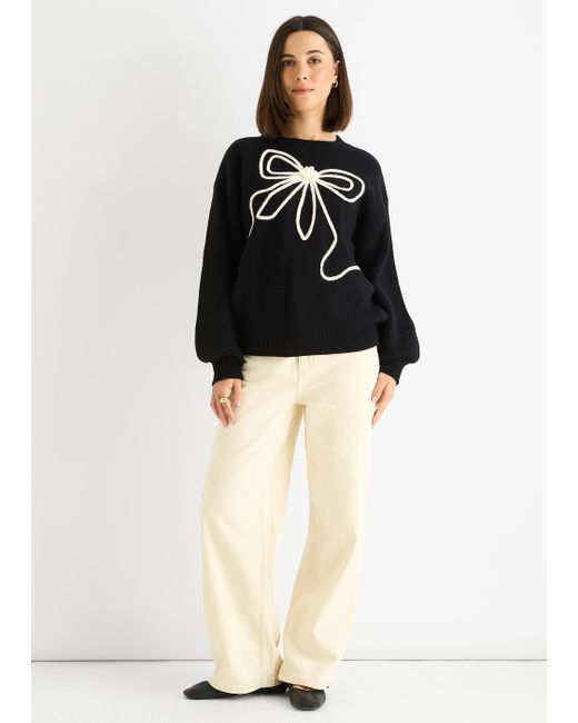 Gini London Black Contrast Bow Pattern Oversized Jumper