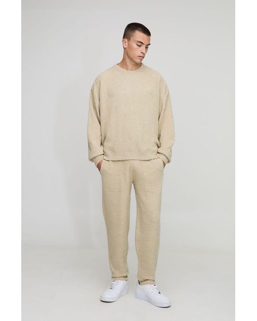 BoohooMAN Natural Oversized Boxy Boucle Basket Stitch Knitted Sweat Tracksuit for men