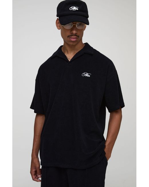 BoohooMAN Black Oversized Revere Embroidered Towelling Polo for men