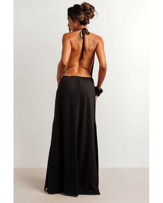 Boohoo Black Ruched Neckline Halter Low Back Super Soft Maxi Dress
