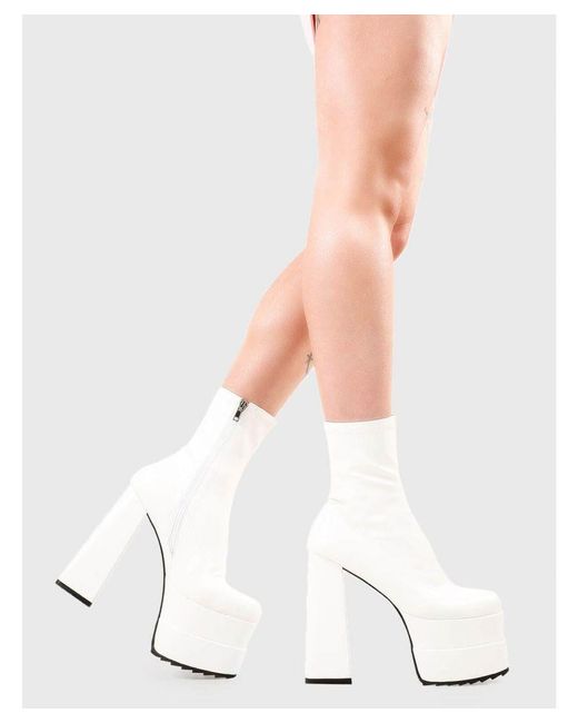 Lamoda White Chunky Ankle Boots Crybaby Round Toe Platform Heels With Zipper