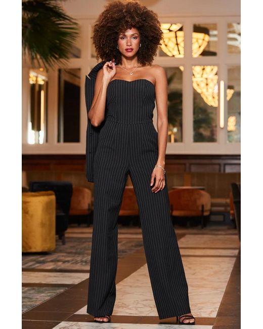 Sosandar Brown Pinstripe Wide Leg Bandeau Jumpsuit