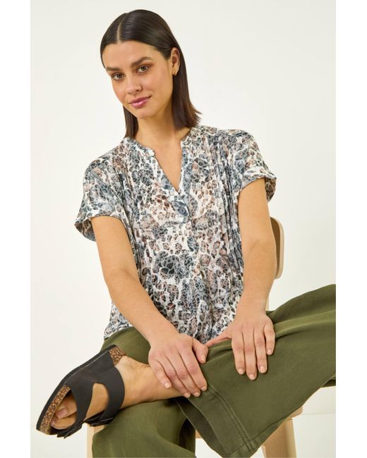 Roman Multicolor Animal Print Pintuck Burnout Shirt