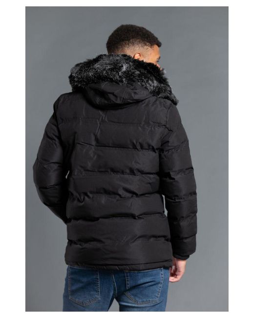 Nines Black Longline Hooded Padded Jacket With Faux Fur Hood for men