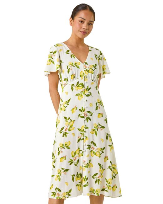 Roman Metallic Petite Lemon Print Button Tea Dress