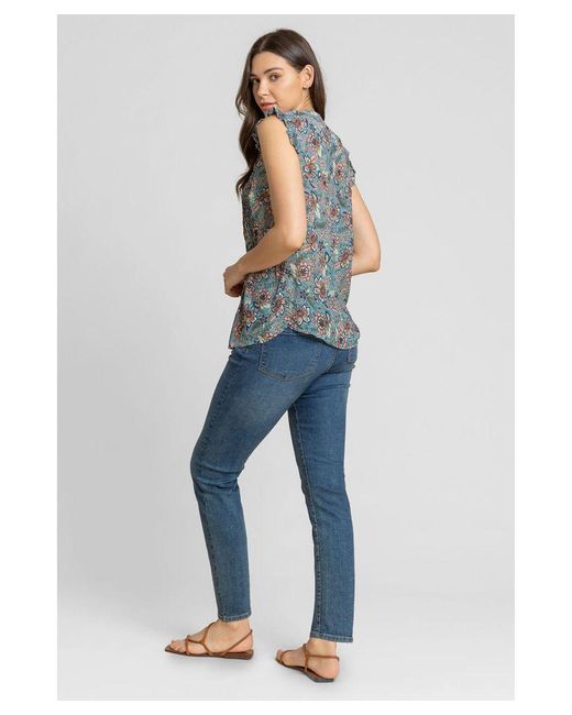 Roman Blue Sleeveless Frill Detail Floral Blouse