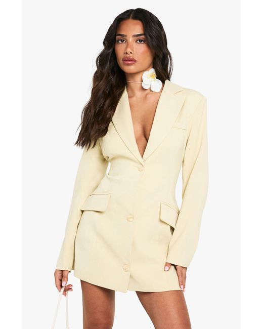 Boohoo Natural Petite Tailored Structured Cinched Waist Blazer Dress