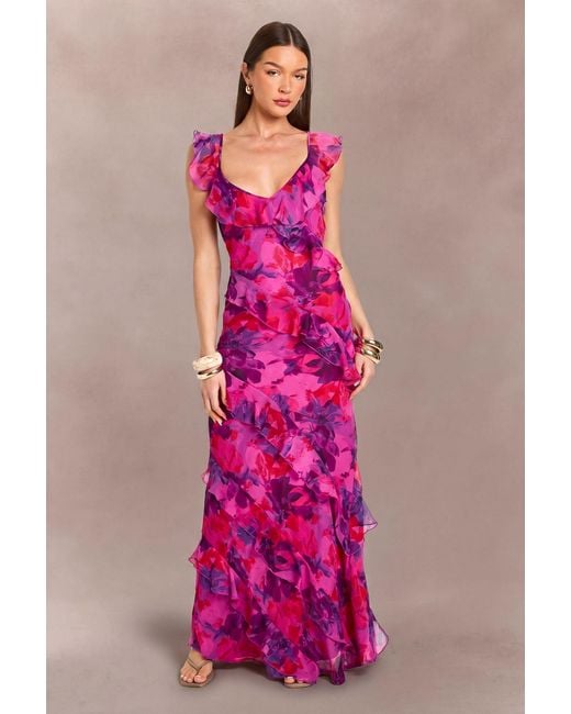 Boohoo Pink Chiffon Ruffle Detail Backless Floral Maxi Dress