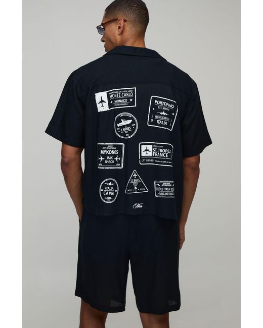 BoohooMAN Blue Travel Stamp Linen Blend Regular Fit Short Set for men